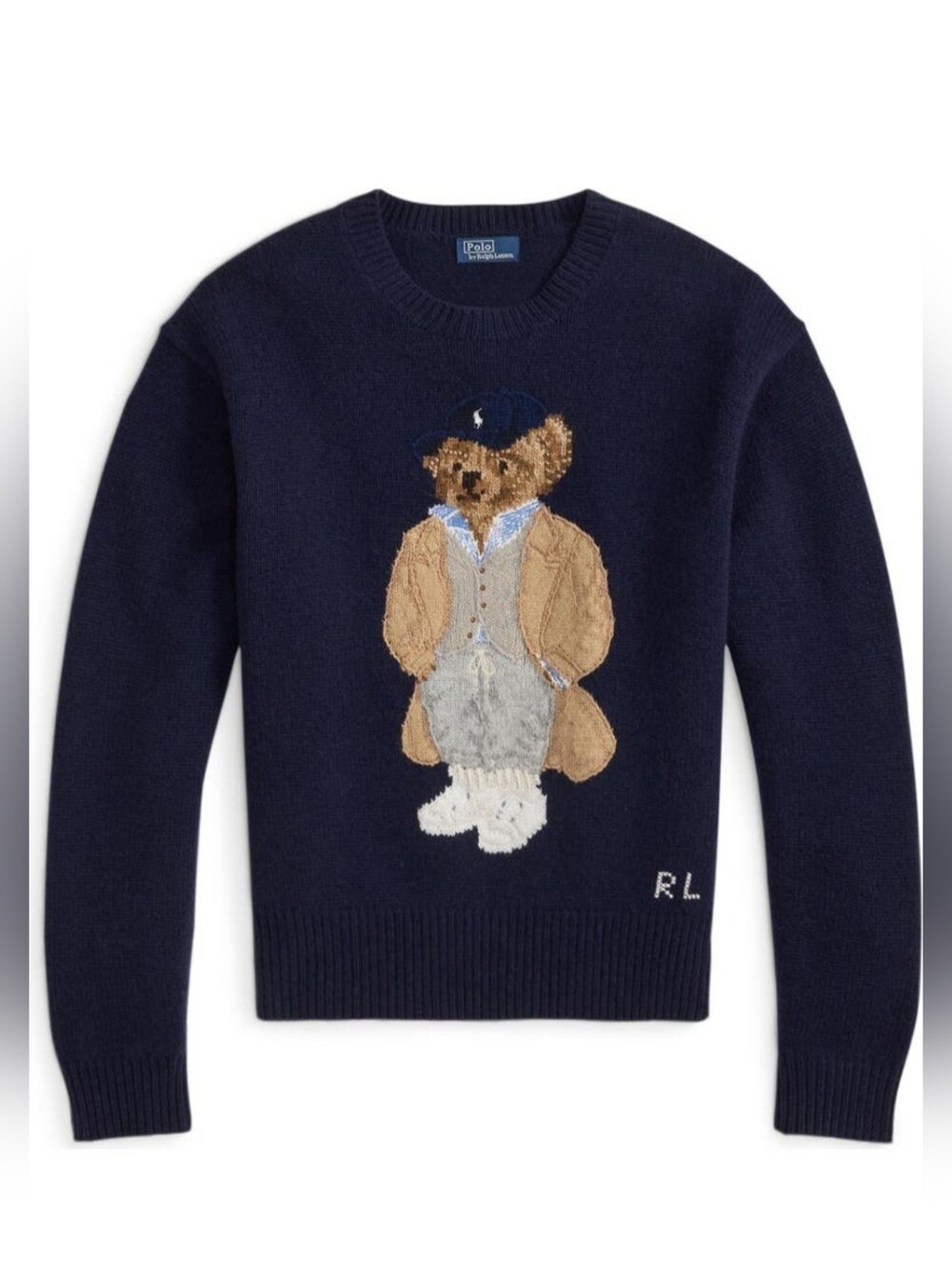 🐻 Polo by Ralph Lauren Navy Wool Cashmere Crewneck Sweater with Bear Intarsia S - Picture 2 of 16